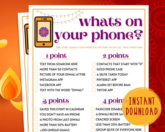 Diwali Whats on Your Phone Printable Festival of Lights Party Games  Activities for Adults & Kids Fun Diwali Games Hinduism Hindu - Etsy