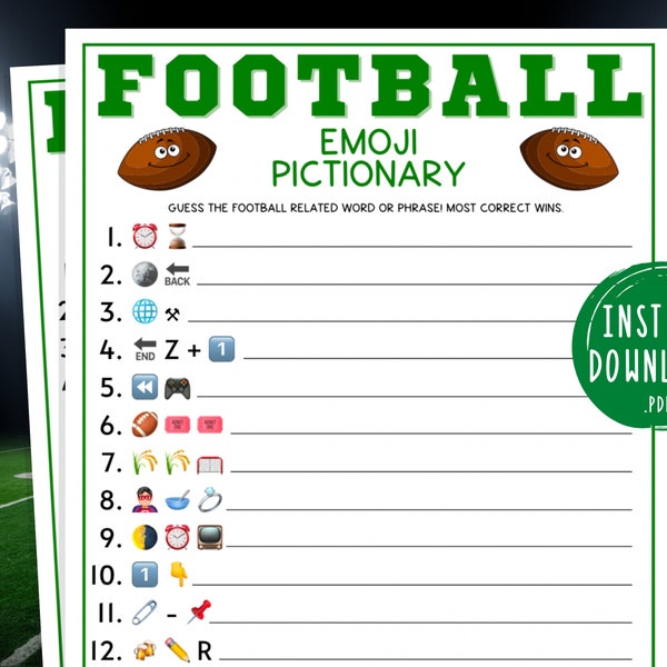 Fußball Emoji Pictionary Spiel | Super Bowl Party Spiele | Druckbare Profi-Fußball-Sonntags-Fußball | Heckklappe | Fantasy Fußball