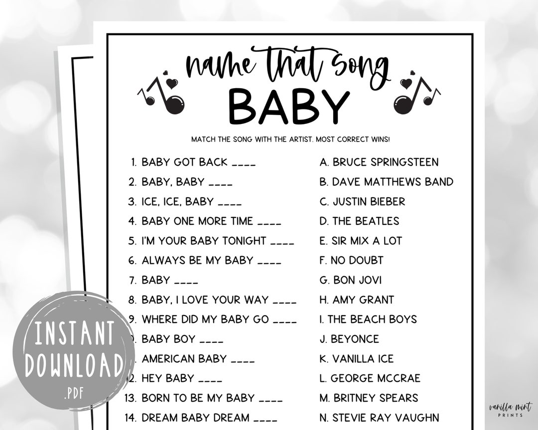 Music Match Printable Baby Shower Game Lyric Song Digital 