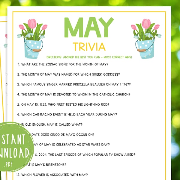 May Trivia Game | Printable Month Party Games | Springtime Activities for Adults & Kids | Fun Games for the Classroom or Spring Party!