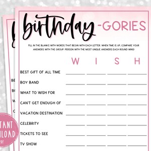 PINK Adult Birthday Party Games | Birthday Scattergories | Birthday-Gories | Fun Birthday Games for Women | Birthday Games for Adults