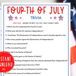 Juego de trivia del 4 de julio / Juegos de fiesta imprimibles del 4 de julio / EE.UU. / Juegos del Día de la Independencia / Juegos del 4 de julio / Juegos Patrióticos / América