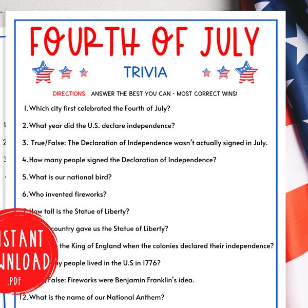 Fourth of July Trivia Game | 4th of July Printable Party Games | USA | Independence Day Games | July 4th Games | Patriotic Games | America