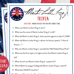 Martin Luther King Jr Trivia Game | MLK Jr Day Printable Games | America | USA | Patriotic | American History | Classroom Games