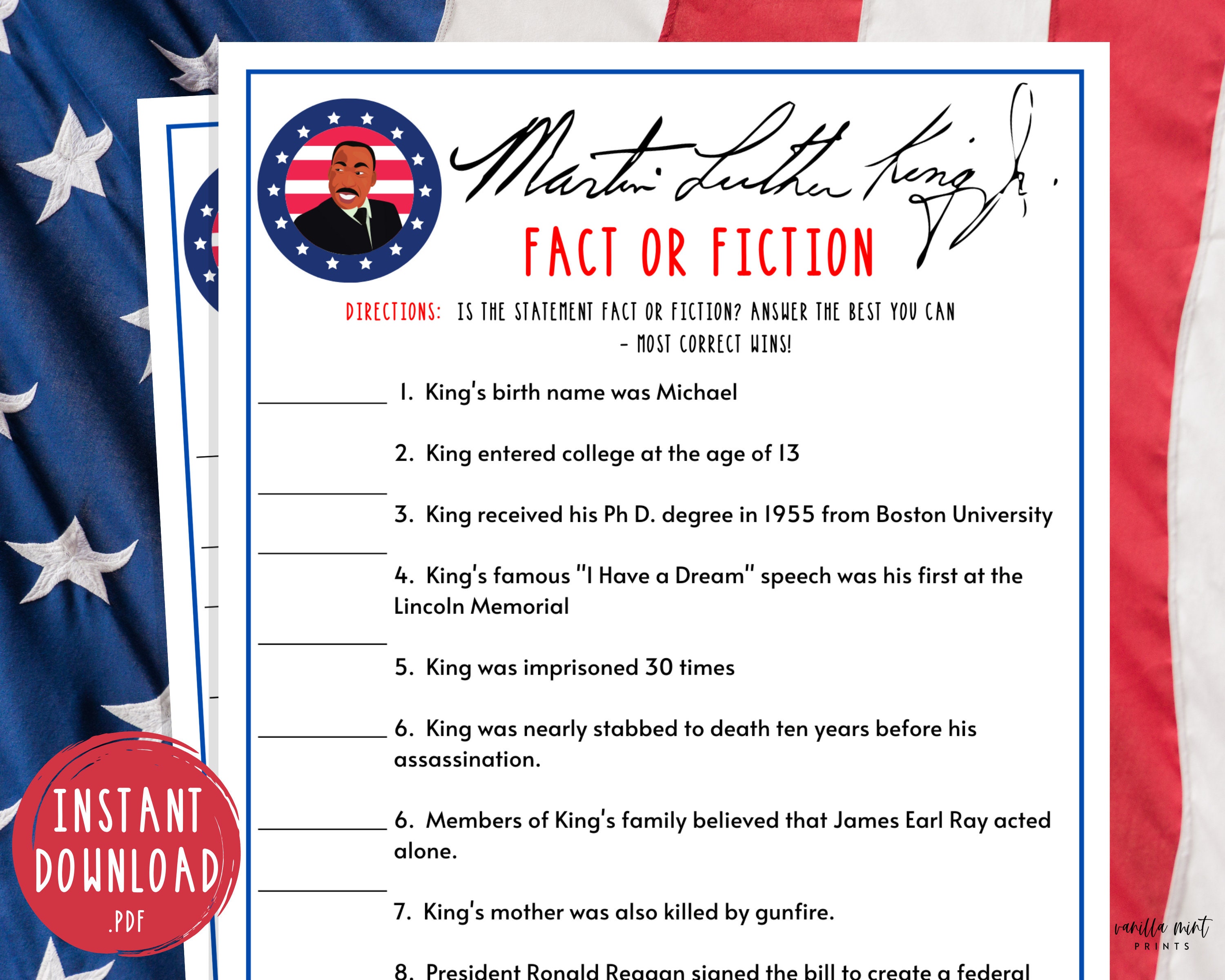 Martin Luther King Jr Fact Of Fiction Trivia Game MLK Jr Day Etsy