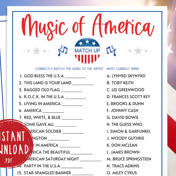 Patriotic Music of America Trivia Match Up Game | Printable Memorial Day Party Games | America | USA | Labor Day | 4th of July | Veteran Day