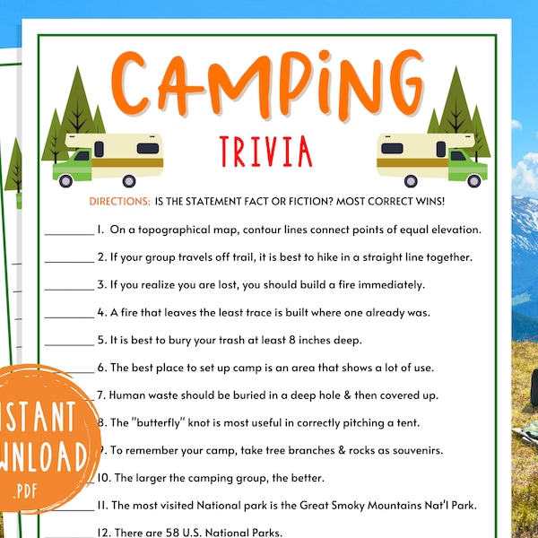 Camping Trivia | Printable Campground Party Games | Camping Activities for Adults & Kids | Fun RV Road Trip | Girl Scout and Boy Scout Troop