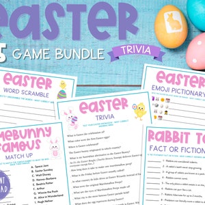Easter 5 TRIVIA Game Bundle | Five Printable Easter Party Games | Easter Activities for Adults & Kids | Fun Easter Trivia Game | Springtime