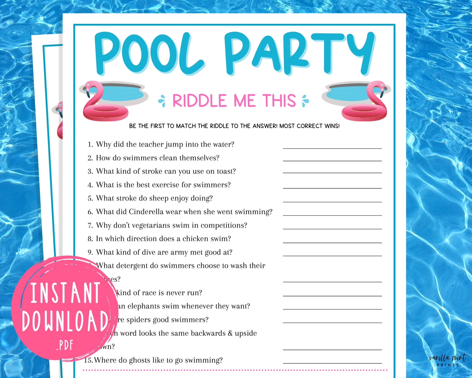 Mr. Pool Riddle Pool Party Riddle Me This Game | Fun Printable Summertime Party Games ...