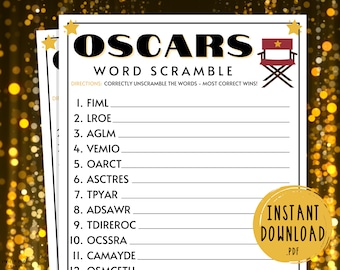 Oscars Word Scramble Game | 94th Academy Awards Party Games | Oscars 2022 Trivia | Printable Movie Awards Games | Games for Kids and Adults