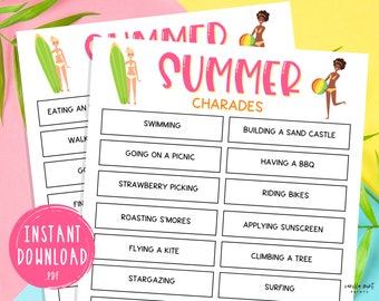 Summer Charades Game | Printable Summertime Games | Fun Summer Party Games | Summer Activities for Adults & Kids | Beach | Pool | Pictionary