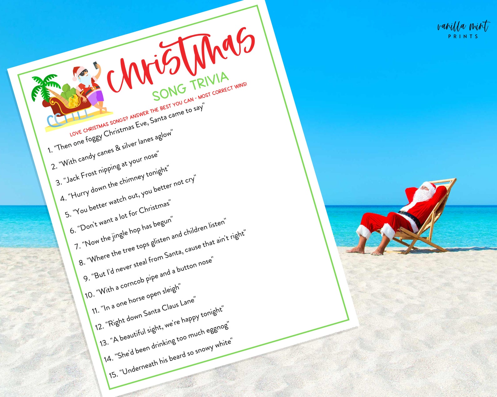 Christmas in July Song Trivia Party Game Beach Christmas Etsy