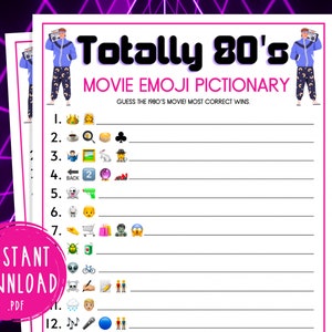 Totally 80's Movie Emoji Pictionary Party Game | Printable 1980s Game | 40th Birthday | Back to the 80s Party Game | Eighties Party | Trivia