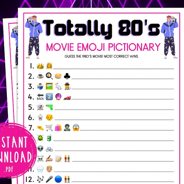 Totally 80's Movie Emoji Pictionary Party Game | Jeu imprimable des années 1980 | 40e anniversaire | Retour au jeu de fête des années 80 | Fête des années 80 | Anecdotes