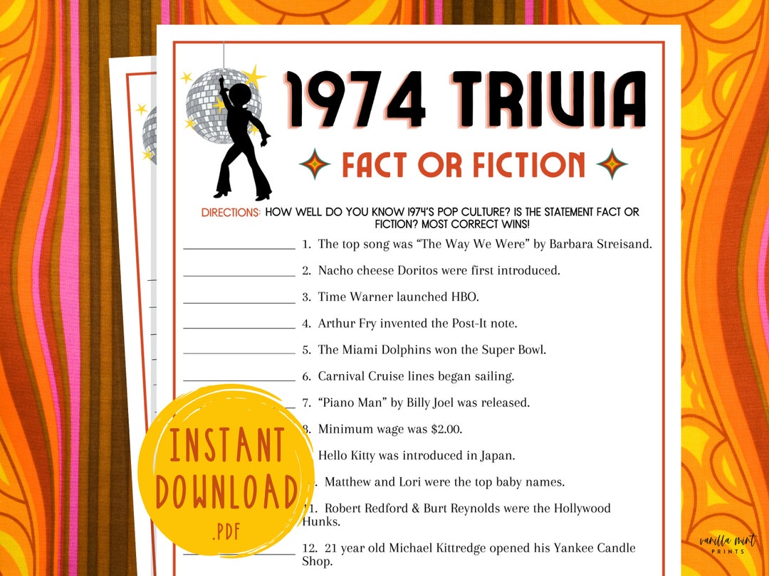 1974 Trivia 70s Pop Culture Trivia Fact or Fiction 50th Birthday Back ...