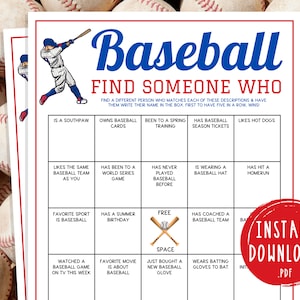 Baseball Find Someone Who Game | Printable Baseball Team Party Games | MLB Bingo Game for Kids & Adults | World Series Activities | Birthday
