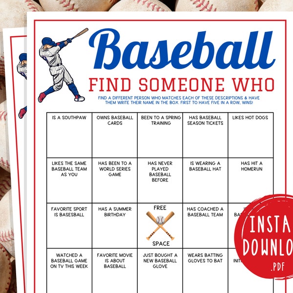 Baseball Find Someone Who Game | Printable Baseball Team Party Games | MLB Bingo Game for Kids & Adults | World Series Activities | Birthday