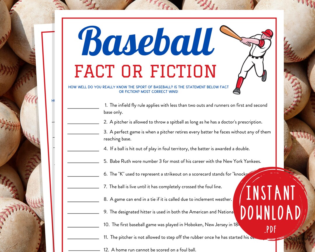 Baseball Fact or Fiction Trivia Game Printable Baseball Team Party Games MLB Game for Kids