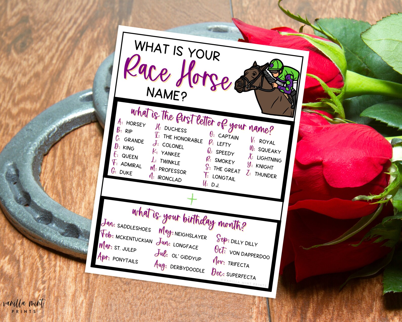 Whats Your Race Horse Name Game Triple Crown Party Game Etsy