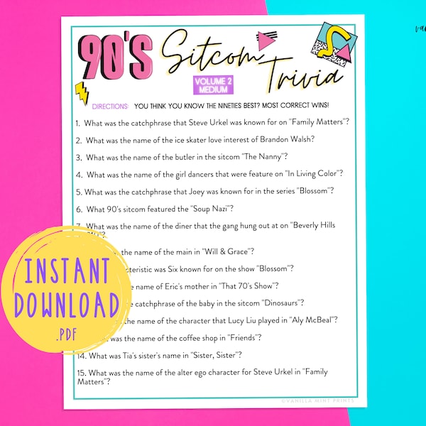 1990's Trivia | 90s TV Sitcom Trivia MEDIUM | Nineties Television Trivia | Back to the 90s Party Games | Millennial Birthday Nineties Babies