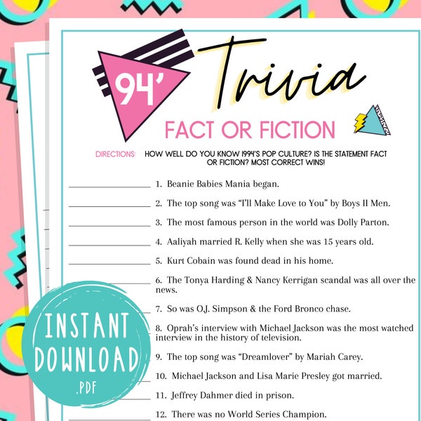 1994 Trivia | 90s Pop Culture Trivia | Fact or Fiction | 30th Birthday | Back to the 90s Party Game | Married in 1994 Anniversary | Nineties