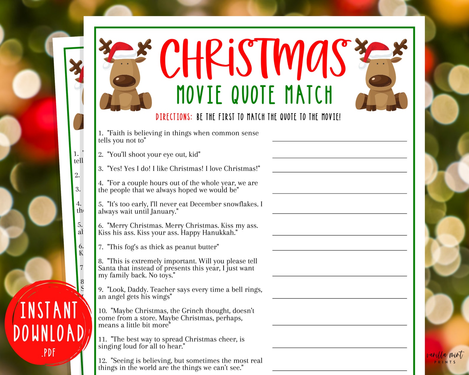 Christmas Movie Quote Match Game Matching Trivia Game Etsy