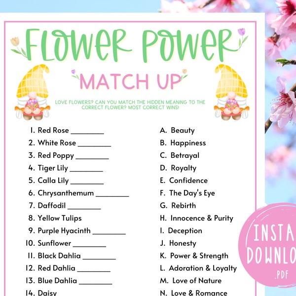 Spring Flower Power Trivia Match Up | Printable Springtime Games | Party Games | Spring Activities for Adults and Kids | Fun Spring Games