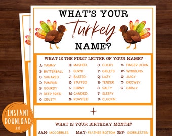 Thanksgiving Whats Your Turkey Name Game | Thanksgiving Party Games | Fun Thanksgiving Game | Friendsgiving Games | Turkey Day | Name Games