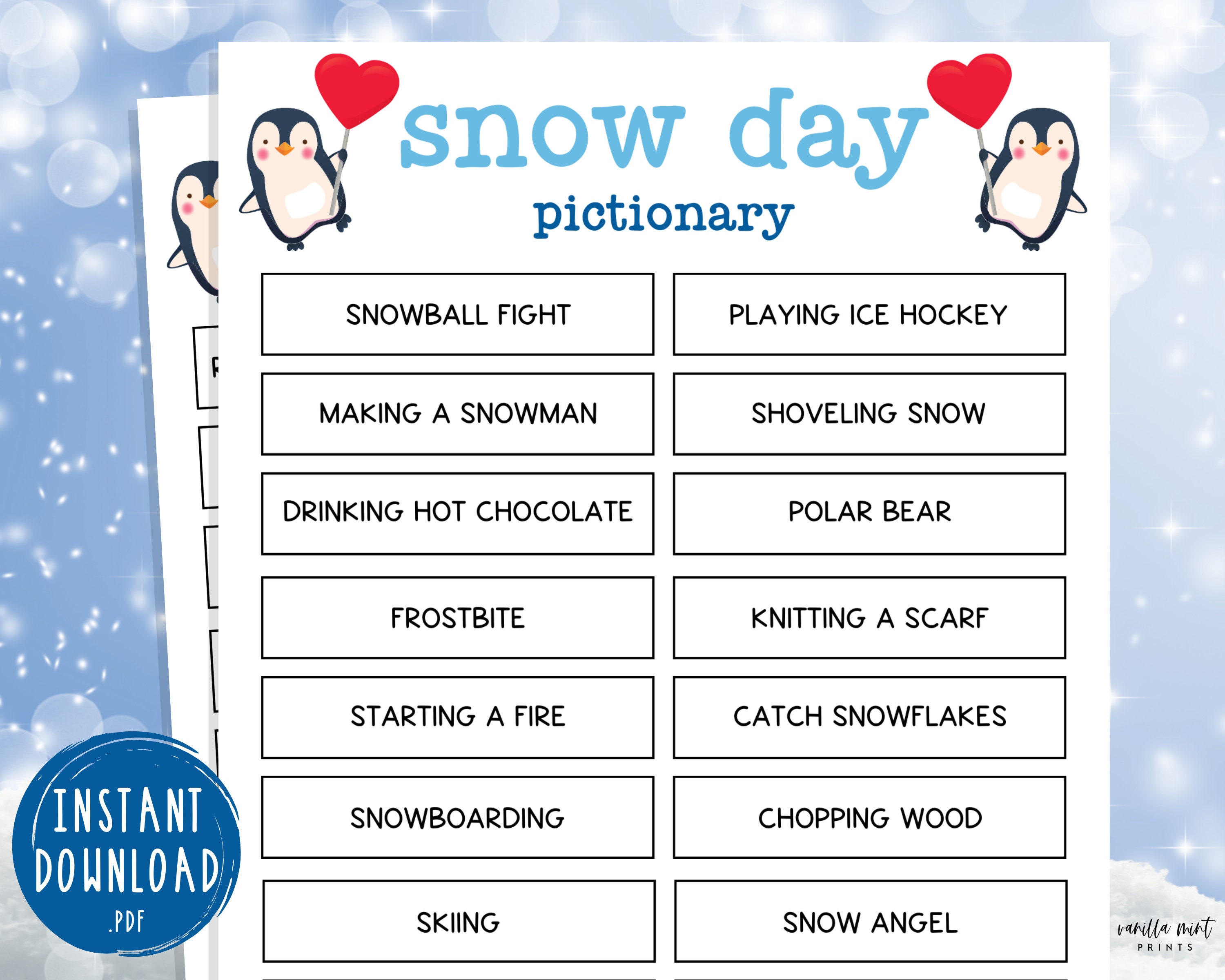 Snow Day Pictionary Game Fun Printable Winter Game Wintertime Activity for  Kids Cold Weather Activity No School Charades Game 