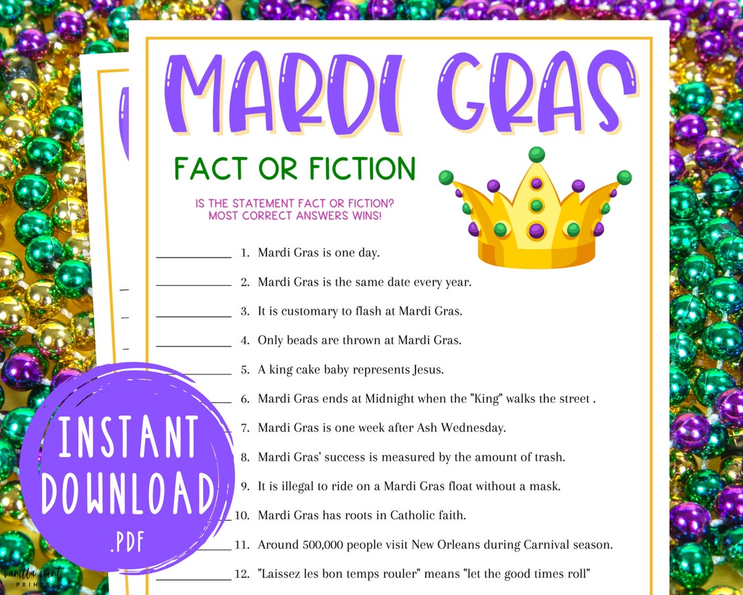 Mardi Gras Fact or Fiction Trivia Game Fat Tuesday Party