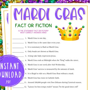Mardi Gras Fait ou Fiction Trivia Game | Fat Tuesday Party Games | Carnaval | Soirée à thème Mardi Gras | Jeu-questionnaire imprimable de la Nouvelle-Orléans