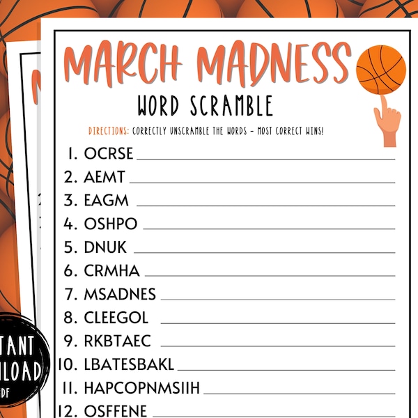 March Madness Word Scramble Game | Printable March Madness Party Games | NCAA Basketball Tournament | Mens College Basketball | Birthday