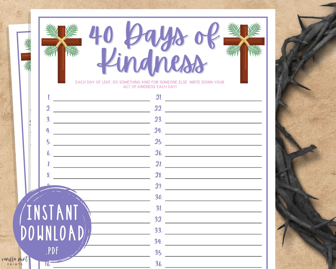 Lent 40 Days of Kindness Game Printable Party Games Easter Activities