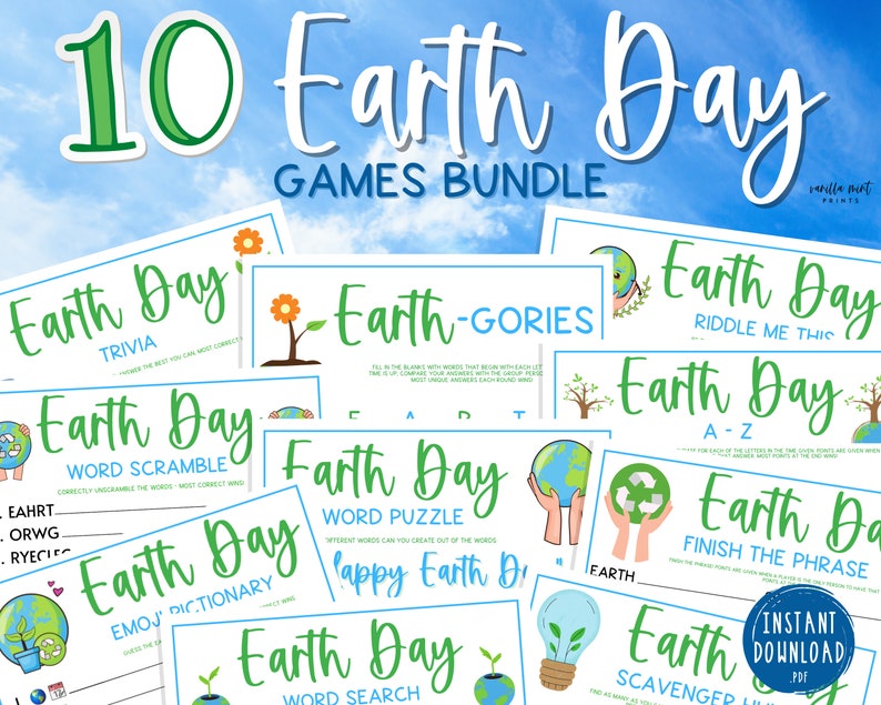 Earth Day 10 Game BUNDLE Fun Printable Spring Games Environmental Activity for Adults & Kids Save The Planet Earth Day Trivia Games image 1