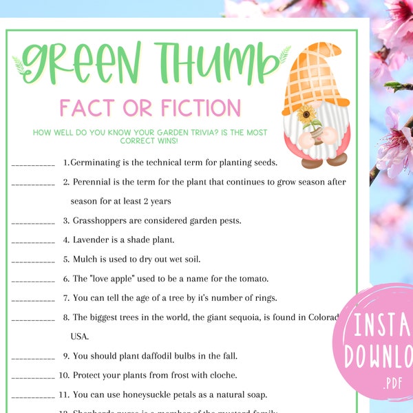 Spring Green Thumb Trivia Game | Gardening Trivia | Fact or Fiction | Printable Springtime Games | Fun Spring Activities for Adults and Kids