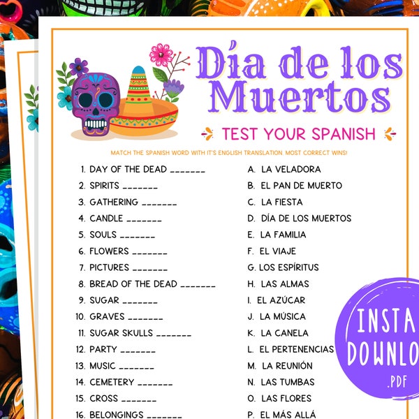 Día de los Muertos Test Your Spanish | Printable Day of the Dead Party Game | Fun Activities for Adults & Kids | Mexico | Mexican