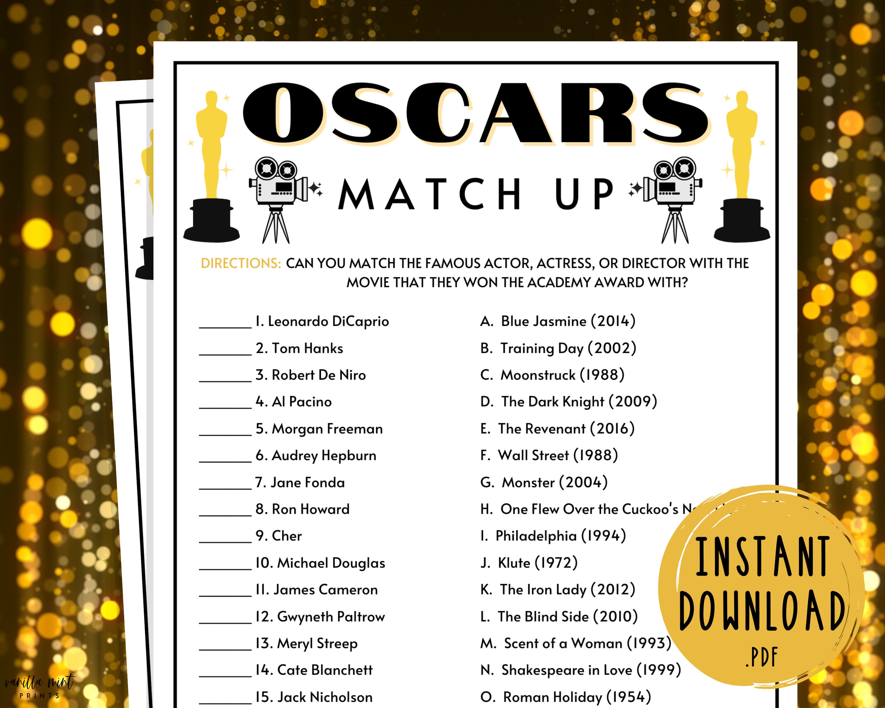 Oscars Party Game BUNDLE 94th Academy Awards Party Games 