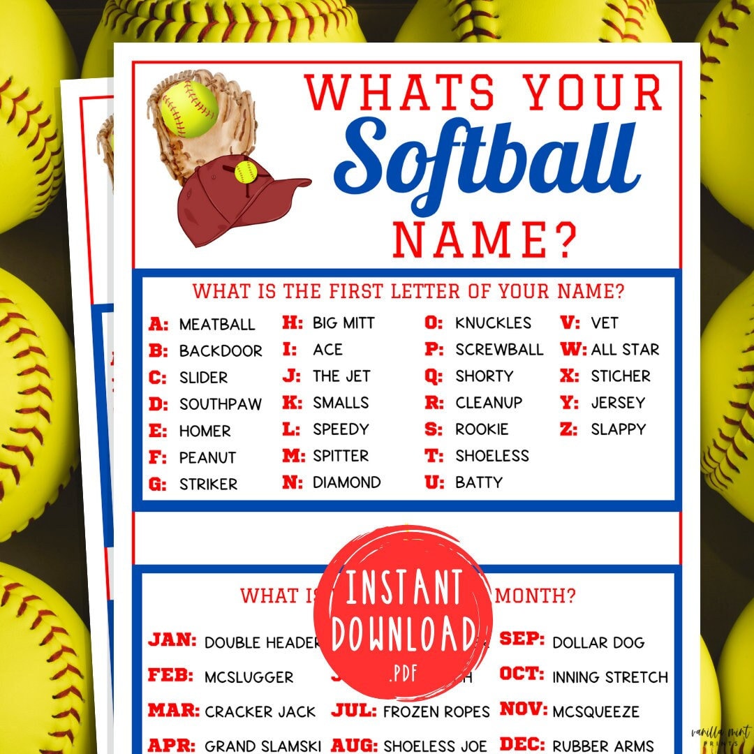 Whats Your Softball Name Game | Printable Softball Team Party Game | Travel Softball Game | Softball Team Building Game | WCWS | Icebreaker