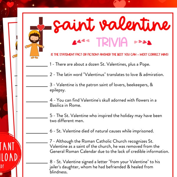 Valentine's Day Saint Valentine Trivia Game | Valentine Printable Games | Fun Valentine's Day Games | Party Games | Kids & Adults | Religion