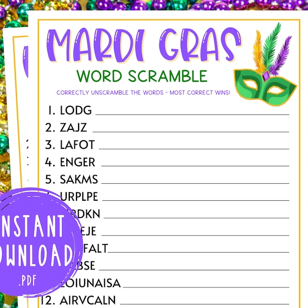 Mardi Gras Word Scramble Game | Fat Tuesday Party Games | Carnival | Mardi Gras Themed Party | New Orleans Printable | Word Game