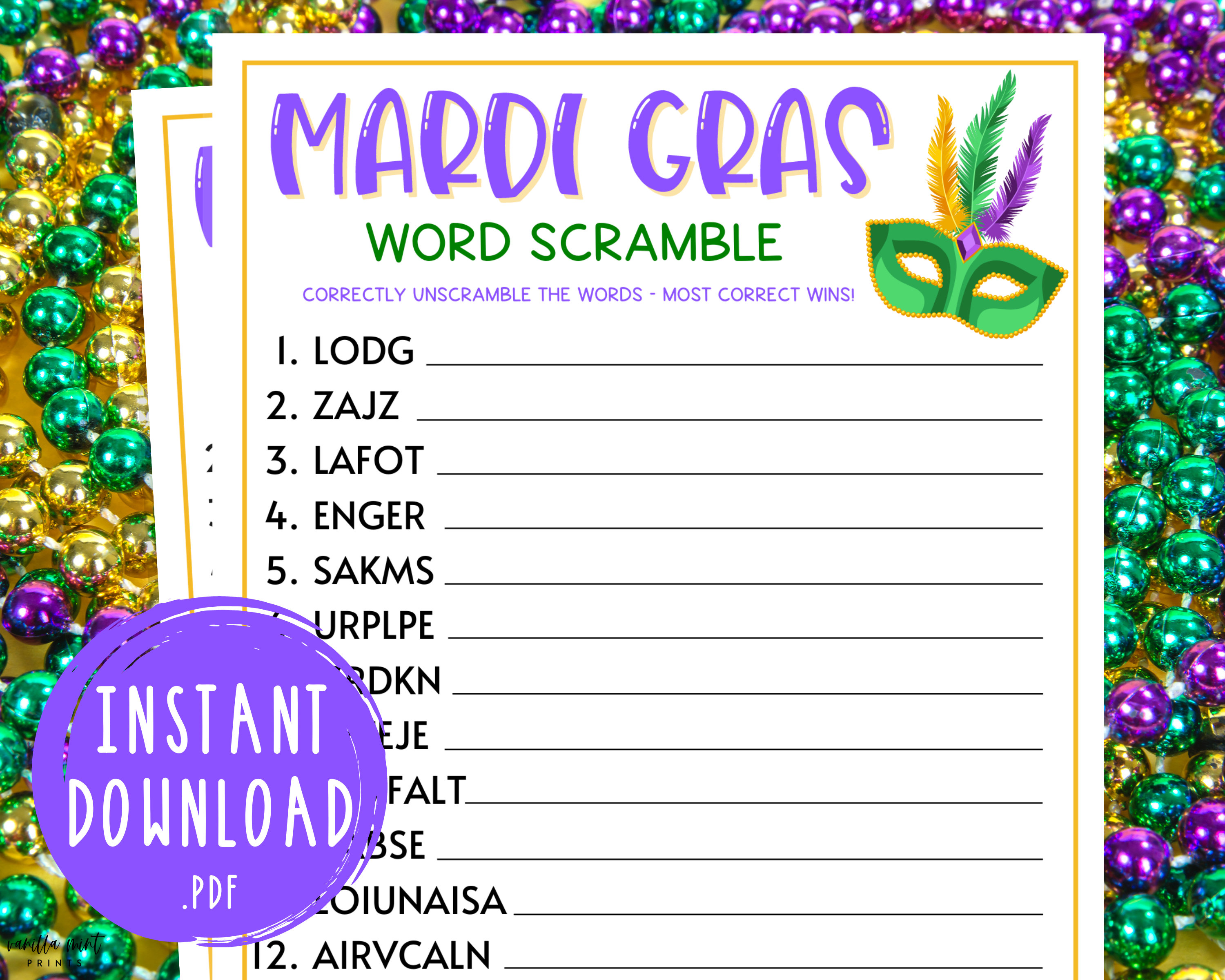 Printable Mardi Gras Synonyms Party Game — Print Games Now