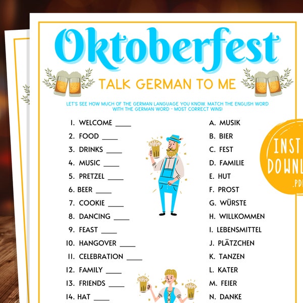 Gioco Oktoberfest Talk German To Me / Giochi di società Oktoberfest stampabili / Attività tedesche per adulti / Festa della birra / Festa della birra / Curiosità