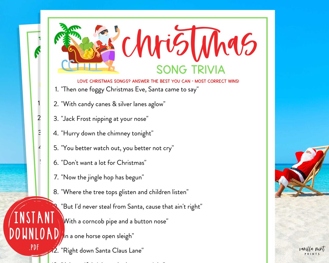 Christmas in July Song Trivia Party Game Beach Christmas Printable