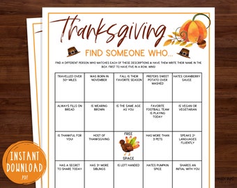 Thanksgiving Find Someone Who Game | Thanksgiving Party Games | Fun Thanksgiving Game | Friendsgiving Games | Turkey Day | Guest Bingo