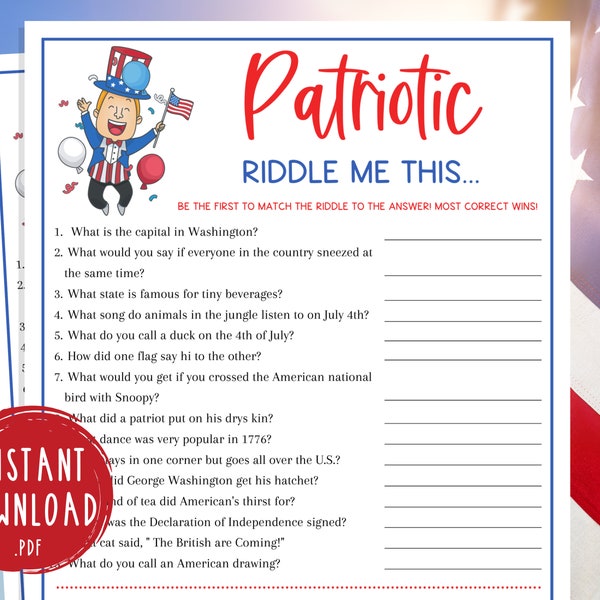 Patriotic Riddle Me This Game | Printable Memorial Day Party Game | America | USA | Labor Day | 4th of July | Summer | Kids Classroom Game