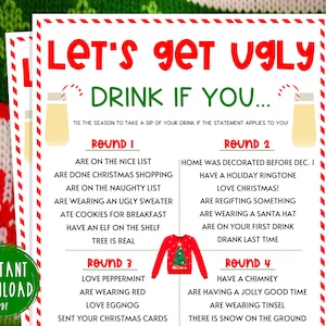 Ugly Sweater Party Lets Get Ugly Drinking Game | Christmas Printable Games | Fun Christmas Party Games | Holiday | Drink If Drinking Game