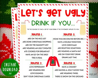 Ugly Sweater Party Lets Get Ugly Drinking Game | Jeux imprimables de Noël | Jeux de fête de Noël amusants | Vacances | Boire si boire jeu