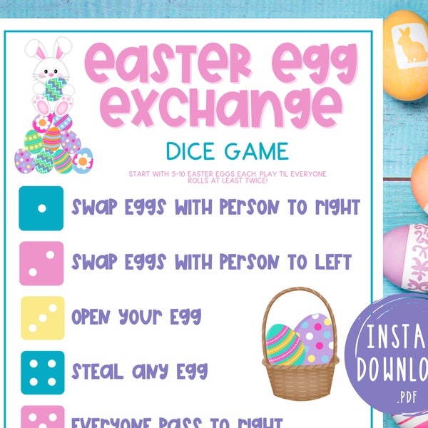 Easter Egg Exchange Dice Game | Printable Easter Games | Party Games | Easter Activities for Adults & Kids | Funny Group Party Game | Spring