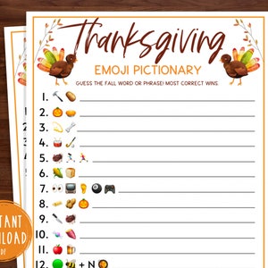 Thanksgiving Emoji Pictionary Game | Thanksgiving Printable Games | Fun Thanksgiving Trivia Game | Friendsgiving Party Games | Turkey Day