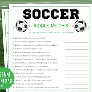 Soccer Riddle Me This Game | Printable Soccer Team Party Game | Futbol Games for Kids & Adults | World Cup Activities | Jokes and Riddles
